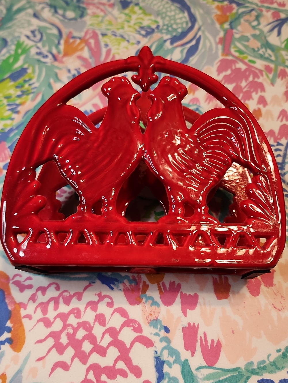 Red Cast Iron Rooster Napkin/ Letter Holder Farmhouse Decor Rubber Bottom